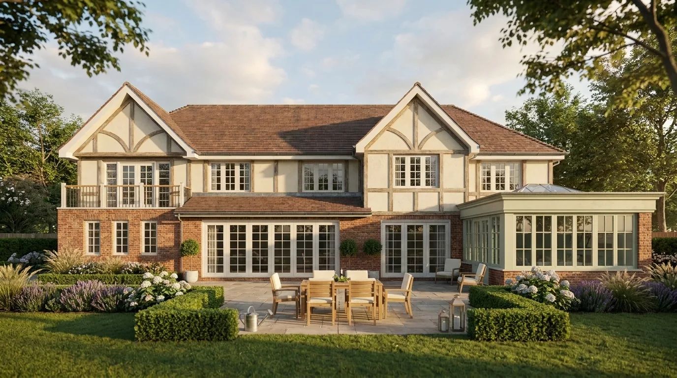 Rear view garden sun room and landscape