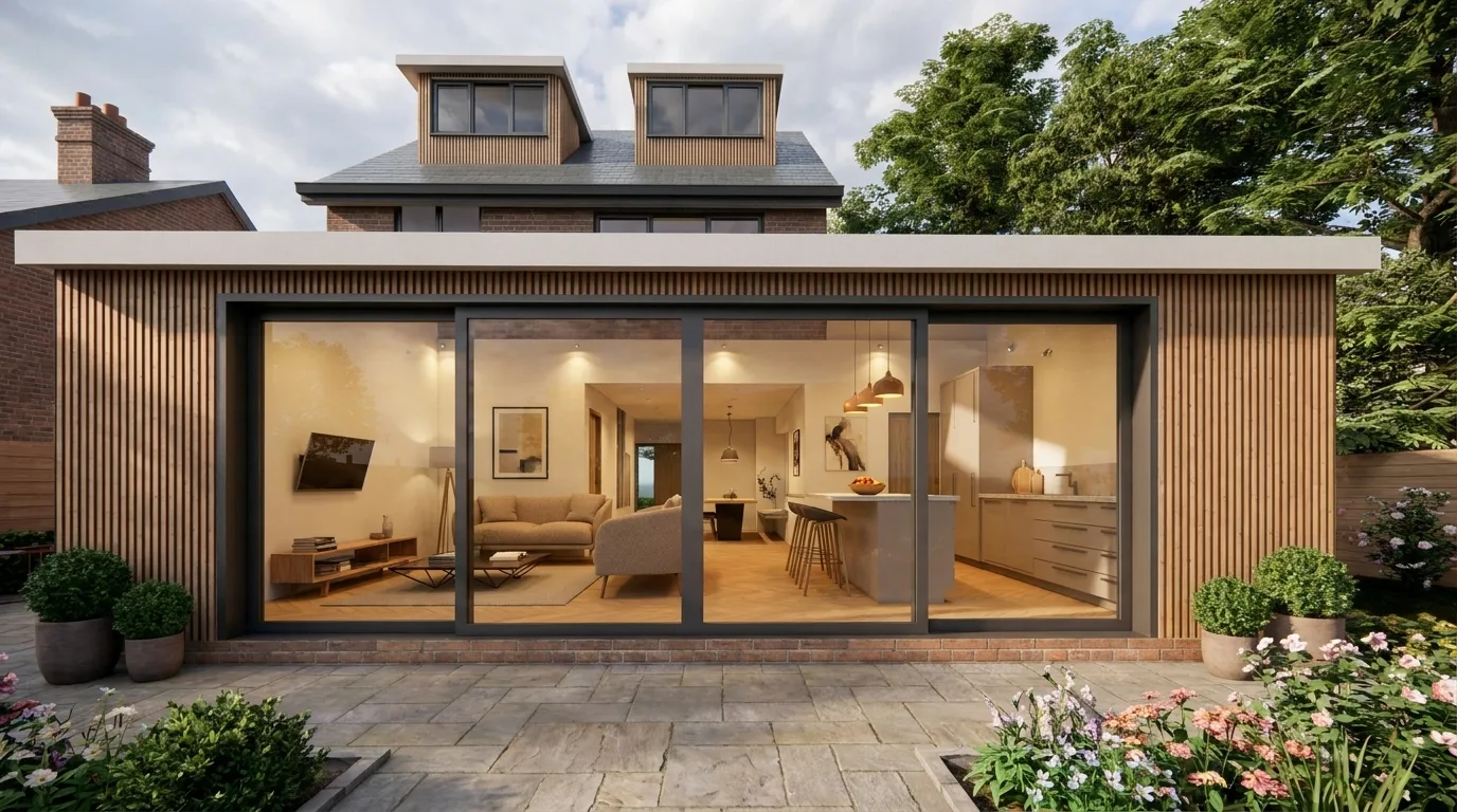 Modern rear extension timber cladding conservation area